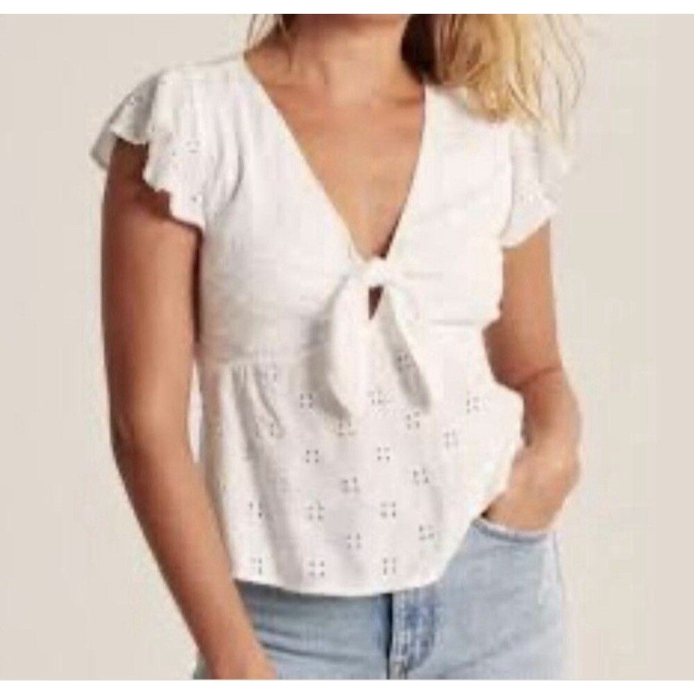 Abercrombie & Fitch Womens White Eyelet Tie Front Blouse Top Size XS Peplum Boho